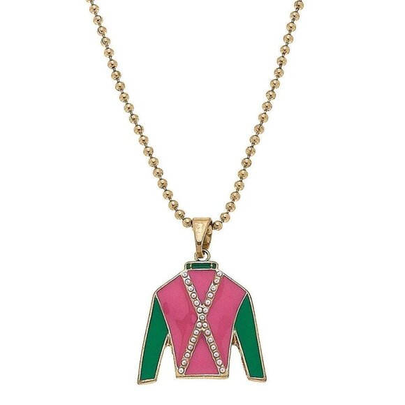 Jockey Silk Enamel Pendant Necklace in Pink and Green - Picture 1 of 2